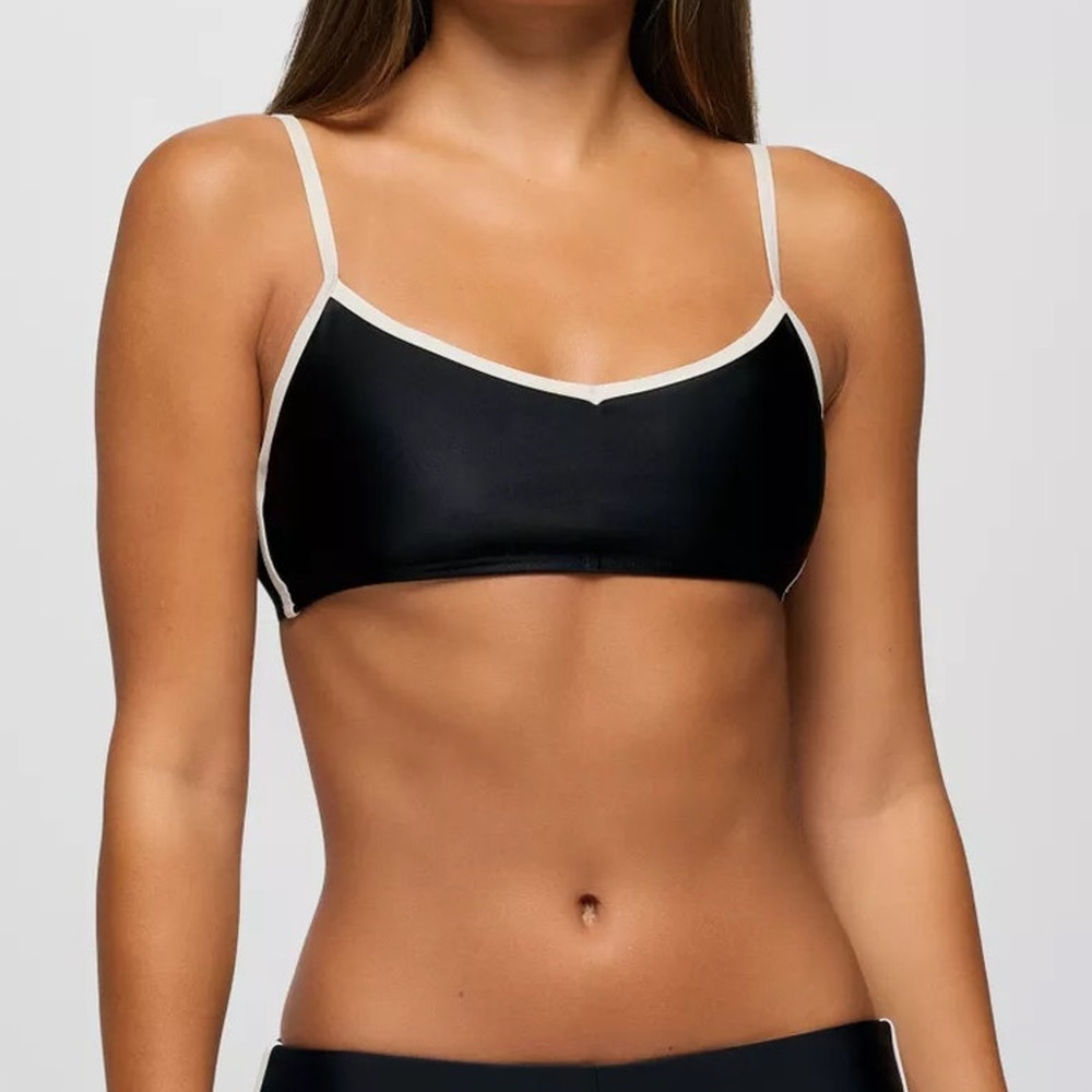 Prana Tropic Kiss Swim Top Women's L Black White Contrast Piping Fixed Straps